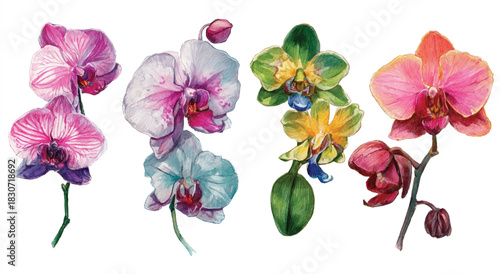 Watercolor painting of several orchid flowers on a white background art