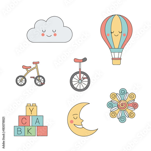 Adorable hand drawn illustration featuring children's toys and whimsical elements for nursery