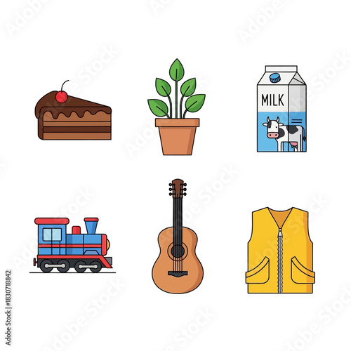 Whimsical collection of charming illustrations featuring a variety of everyday objects with