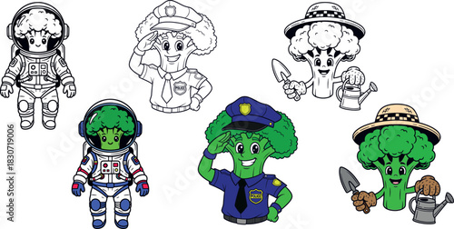 Cute Broccoli Mascot Set: Cartoon Vegetable Character in Astronaut, Police Officer, and Gardener Outfits. Healthy Food, Brassica oleracea, Vector Illustration.