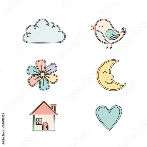 Pastel Dreams: Charming Doodle Set of Cloud, Bird, Flower, Moon, House and Heart