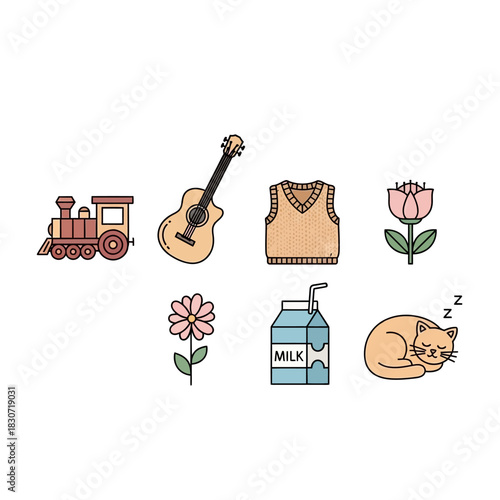 Charming collection of whimsical illustrations showcasing diverse elements of everyday life and