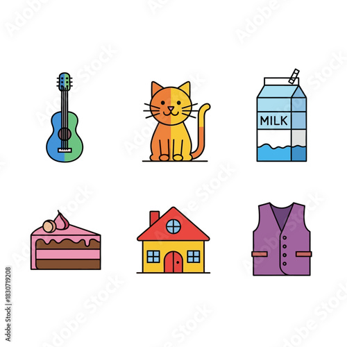 Collection of stylized cartoon icons representing common household and recreational items in flat
