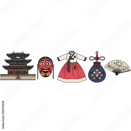 Korean cultural icons: Architectural marvels, traditional costume, mask and accessories display