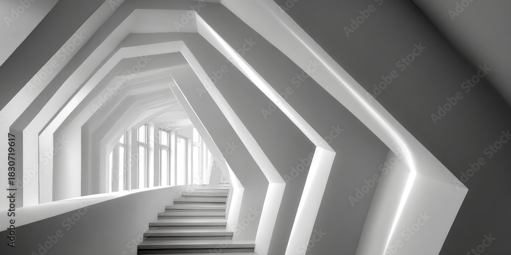Obraz premium Futuristic Geometrical Hallway with Ascending Steps and Dynamic Lighting in Monochrome Aesthetic
