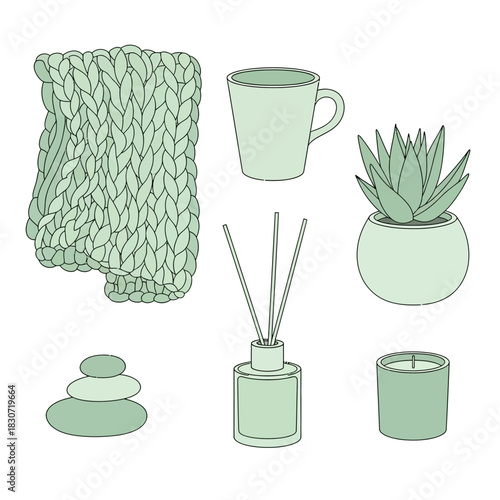 Illustrative still life showcasing cozy home elements in muted green tones for relaxation