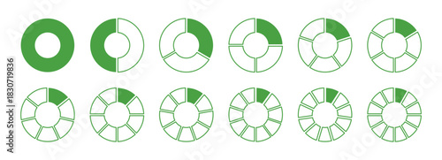 Wheel round yellow divided diagrams with one, two, four, five, six, eight, nine, ten, twelve segments. Circle division on 1, 2, 3, 4, 5, 6, 7, 8, 9, 10, 11, 12 equal parts. Coaching yellow blank.