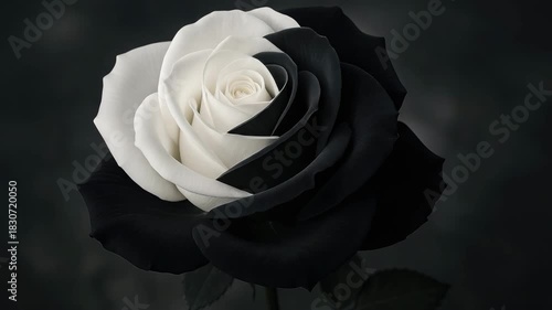Elegant black and white rose with smooth petals centered in a dark background showcasing subtle variations in light hinting at graceful blooming