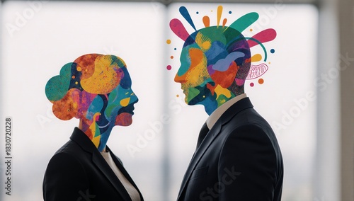 Two people each represented by a colorful abstract brain symbolize contrasting rational and irrational thinking