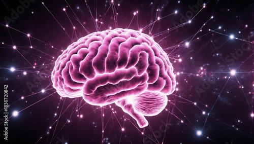 Digital illustration of a glowing pink neural brain with futuristic light effects