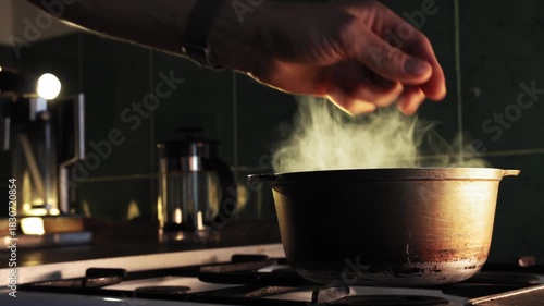 Wallpaper Mural In kitchen, a man pours pasta from his hand into a pot of boiling water on stove Torontodigital.ca