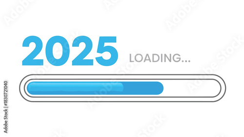 Vector illustration of progress bar showing year 2025 loading with blue fill, concept for future, new year, and anticipation