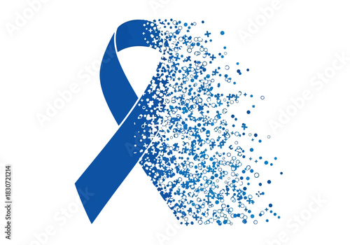 Vector illustration of blue awareness ribbon dissolving into particles symbolizing support, hope, and remembrance for colon cancer or other blue ribbon causes