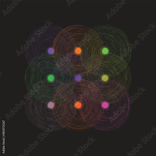 Abstract Grid of Concentric Colored Circles with Overlapping Harmony