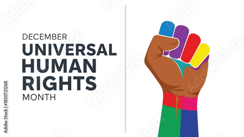 Vector illustration of graphic illustration celebrating december universal human rights month featuring a raised fist with fingers colored in diverse hues