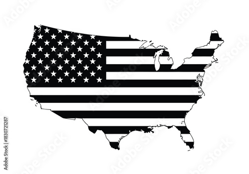 Vector illustration of black and white silhouette map outline of the united states filled with american flag pattern