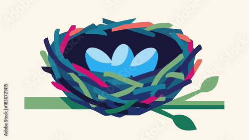 A vibrant illustration of a bird's nest with three delicate blue eggs, symbolizing new beginnings, family, and the comfort of home in nature's embrace, showcasing growth and potential
