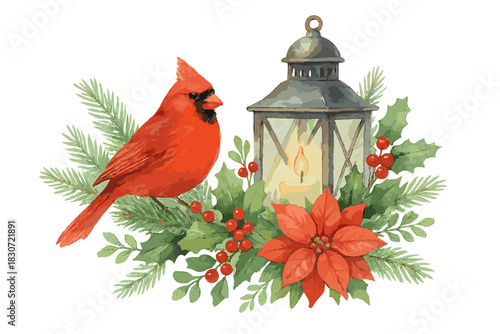 Festive winter composition with red cardinal, glowing lantern, poinsettia, holly, and pine branches
