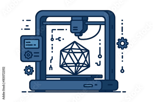 Automated 3D printer machine constructing a complex geometric shape in a modern factory setting
