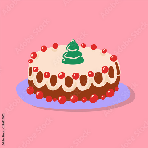Christmas cake with a little Christmas tree on top. Festive winter dessert in vector.