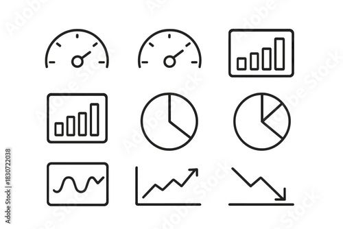 Essential business performance and data analysis icons featuring speedometers, charts, and graphs