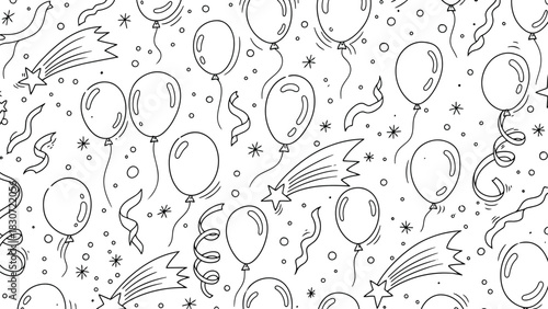 Vector illustration of seamless black and white doodle pattern of hand drawn balloons, shooting stars, and confetti for a festive celebration background