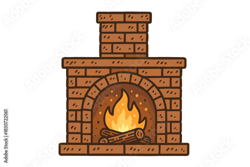 Traditional brick chimney fireplace with glowing fire and wooden logs inside the hearth