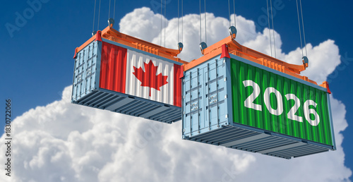 Trading 2026. Freight container with Canada national flag. 3D Rendering 