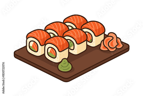 Salmon sushi rolls on wooden platter with wasabi and pickled ginger, Japanese food