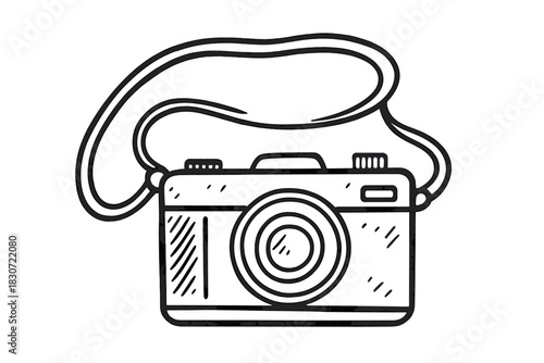 Compact photographic camera body with lens and neck strap in simple black outline