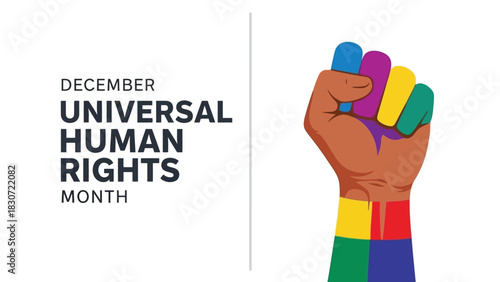Vector illustration of fist raised in solidarity with colorful fingers representing diversity and inclusion for universal human rights month celebration in december