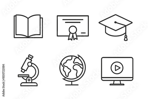 Set of education and learning icons including book, diploma, graduation cap, microscope, and globe