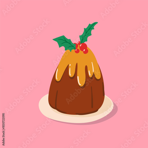 Adorable Christmas pudding topped with holly berries. Sweet winter vector illustration.