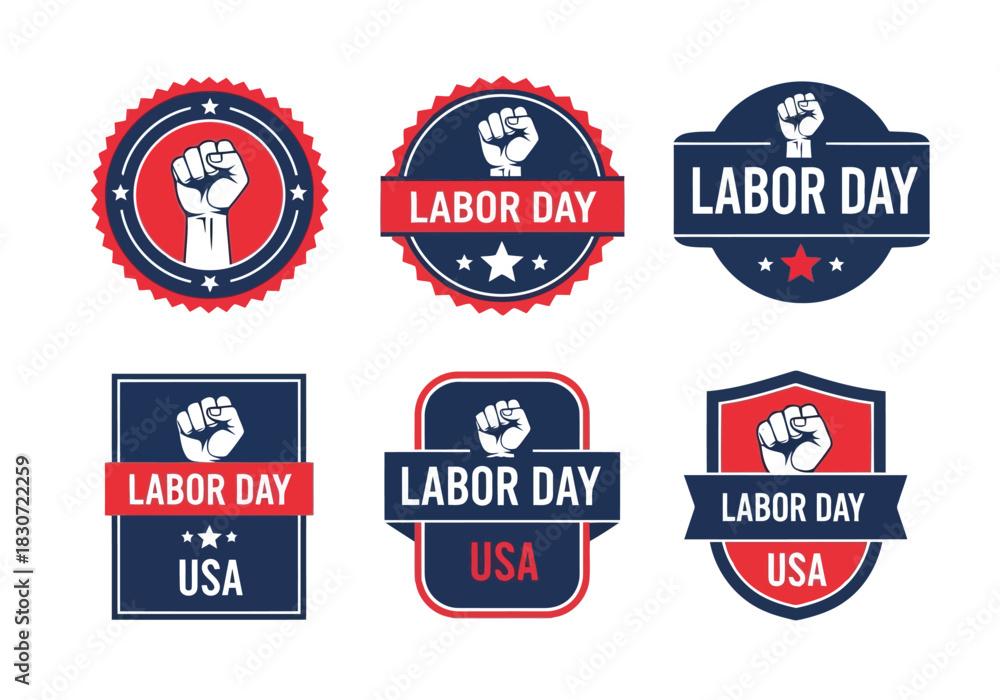 Obraz premium Vector illustration of set of six labor day badge and emblem design collection with raised fist symbol in red and blue color palette