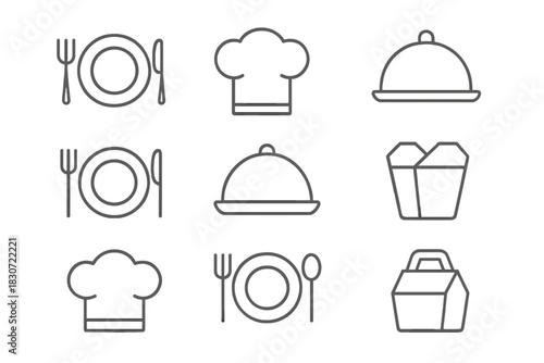 Minimalist outline icons for food service chef hat dining settings cloche delivery boxes