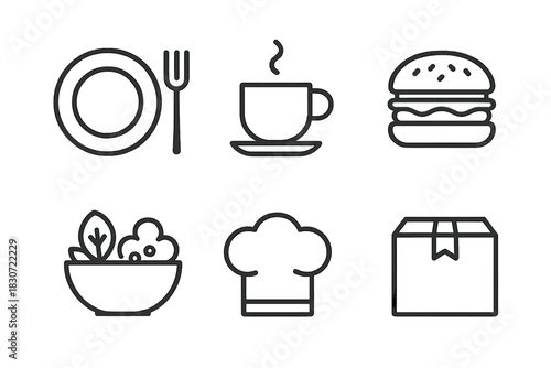 Minimalist outline icons set representing essential elements of food service and delivery