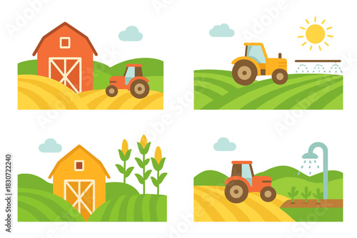 Four agricultural scenes showing farm buildings, tractors, corn fields, and irrigation