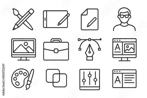 Outline icons for graphic design software, digital art tools, and creative workflow