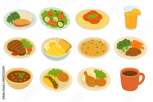 Diverse collection of popular meals, dishes, and drinks served on plates and in cups