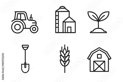Essential farming and agriculture elements including tractor, barn, silo, wheat, and seedling