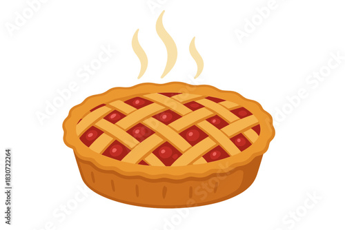 Steaming hot homemade fruit pie with golden lattice crust on a white background