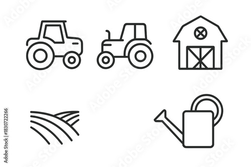 Agriculture and farming elements including a tractor, barn, cultivated field, and watering can design