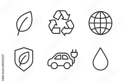 Outline symbols representing ecology, sustainability, recycling, electric vehicles, and nature protection