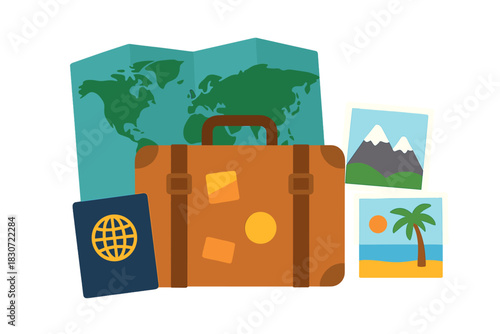Vintage suitcase, world map, passport, and vacation photos for international travel