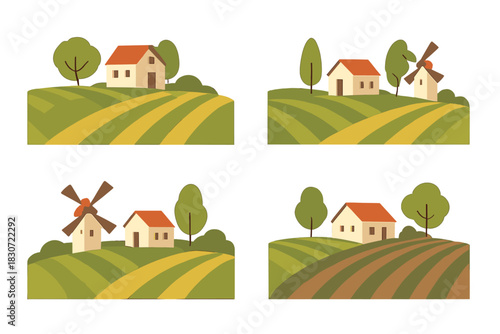 Set of four stylized rural landscapes with houses, rolling hills, and cultivated farmland