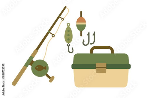 Essential fishing gear set including rod, reel, tackle box, lure, bobber, and hooks