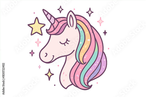 Cute magical unicorn head with colorful rainbow mane and sparkling stars