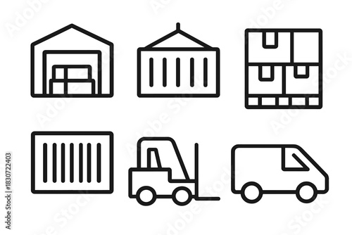 Logistics and transportation elements: warehouse, shipping containers, forklift, and delivery van