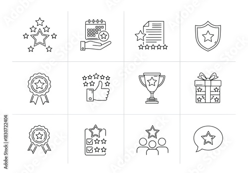Vector illustration of set of twelve handdrawn line icons representing quality rating, feedback, achievement, award, trophy, and customer satisfaction