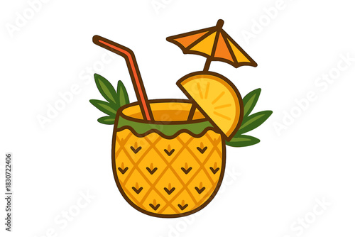 Refreshing tropical cocktail served in a pineapple with a straw and decorative umbrella